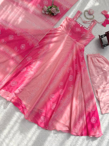 Lovely Pink Foux Gorgette with Mirror Handwork Anarkali Suit
