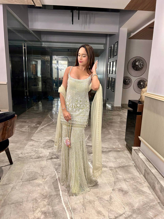 Fabulous Soft Net Heavy Chine Sequence Plazzo Suit