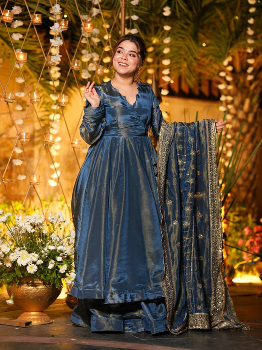 Elegant Blue Heavy NC Vichitra Silk Anarkali Suit