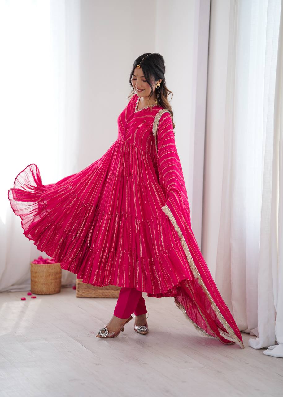 Lovely Mal Chanderi with Mirror Work Ruffle Gown