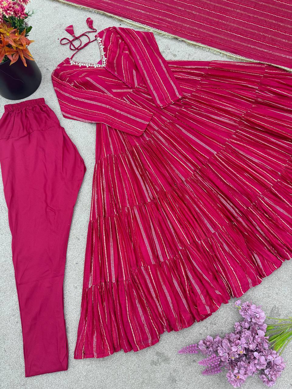 Lovely Mal Chanderi with Mirror Work Ruffle Gown