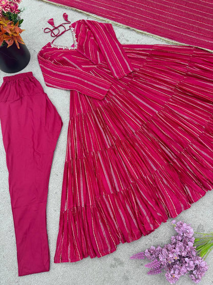 Lovely Mal Chanderi with Mirror Work Ruffle Gown