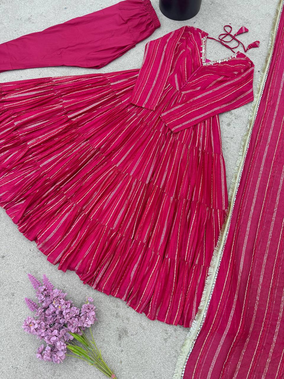 Lovely Mal Chanderi with Mirror Work Ruffle Gown