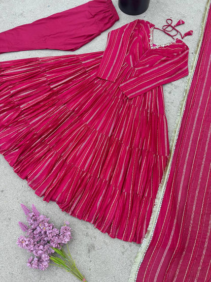 Lovely Mal Chanderi with Mirror Work Ruffle Gown