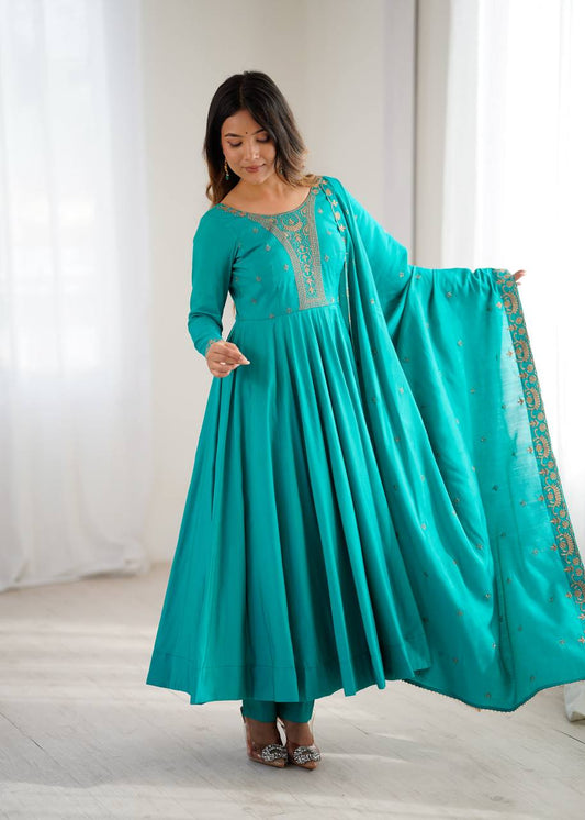 Lovely Teal Roman Chanderi Silk Anarkali Suit