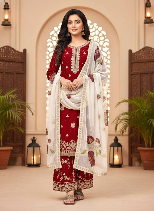 Lovely Mehndi Silk Embroidered Palazzo Suit