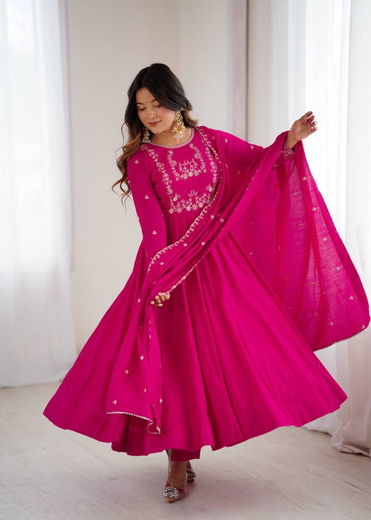Stunning Pink Roman Chanderi Silk Beads Work Anarkali Gown