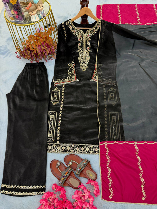 Amazing Black Jimmy Embroidery Work Palazzo Suit
