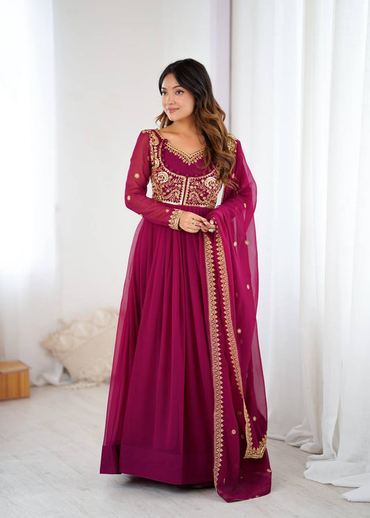 Stunning Maroon Faux Georgette Designer Embroidered Suit