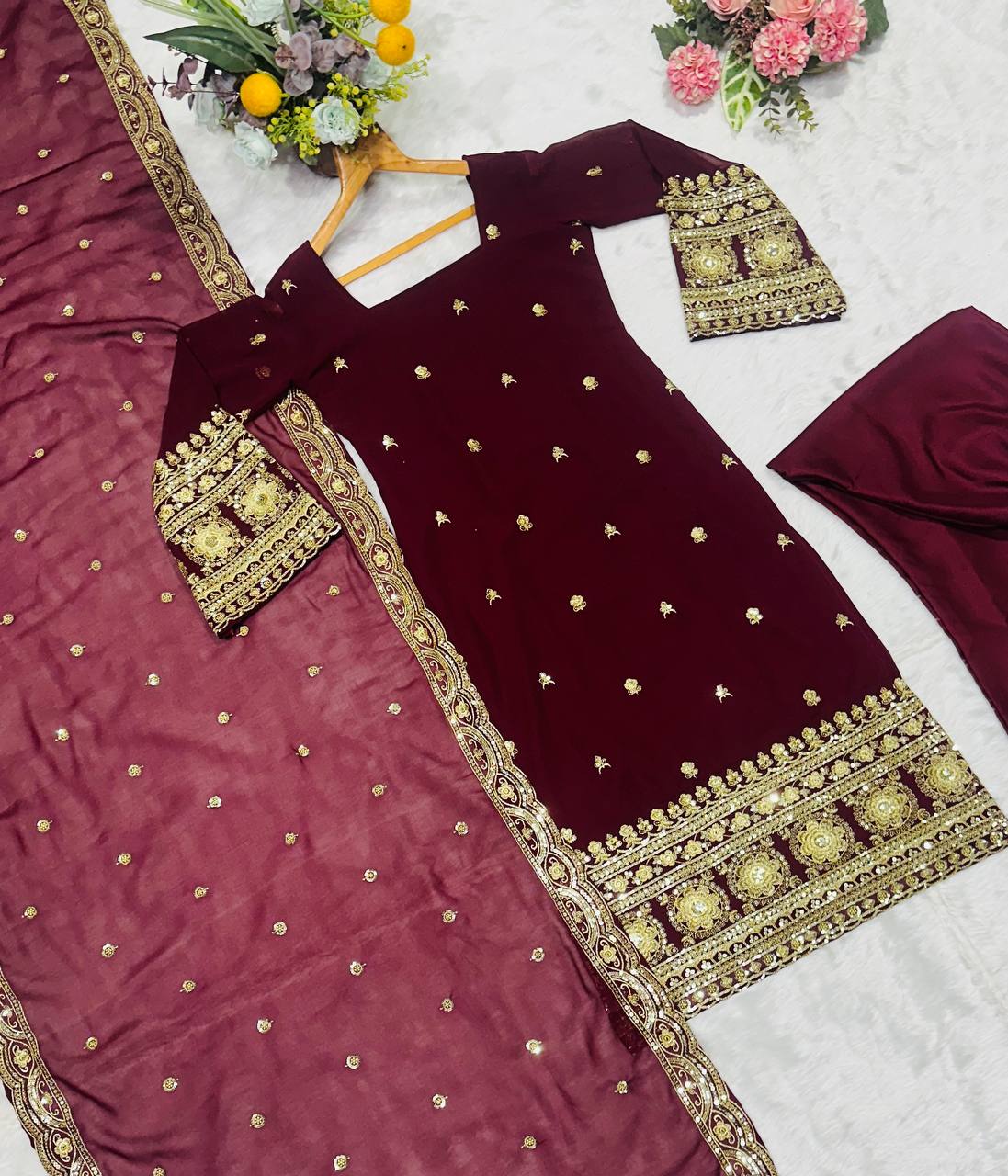 Exclusive Maroon Faux Blooming with Sequins Work Anarkali Suit