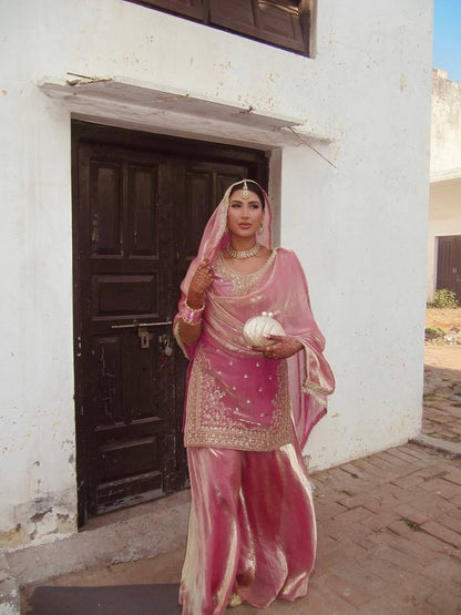 Stunning Pink Silk with Embroidery Work Palazzo Suit