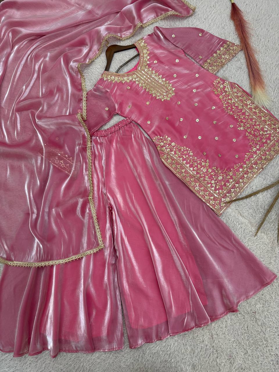 Stunning Pink Silk with Embroidery Work Palazzo Suit