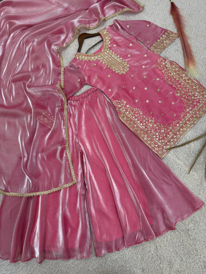 Stunning Pink Silk with Embroidery Work Palazzo Suit