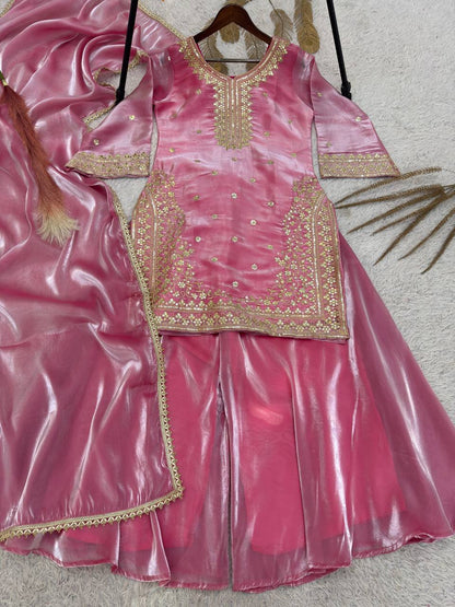 Stunning Pink Silk with Embroidery Work Palazzo Suit