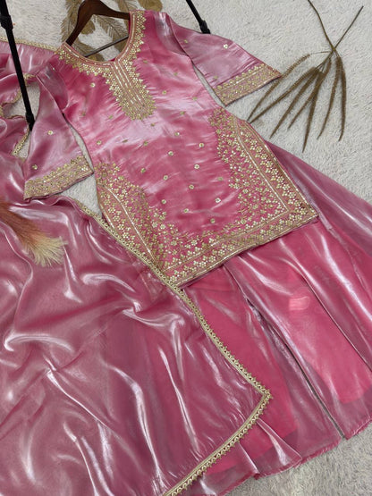 Stunning Pink Silk with Embroidery Work Palazzo Suit