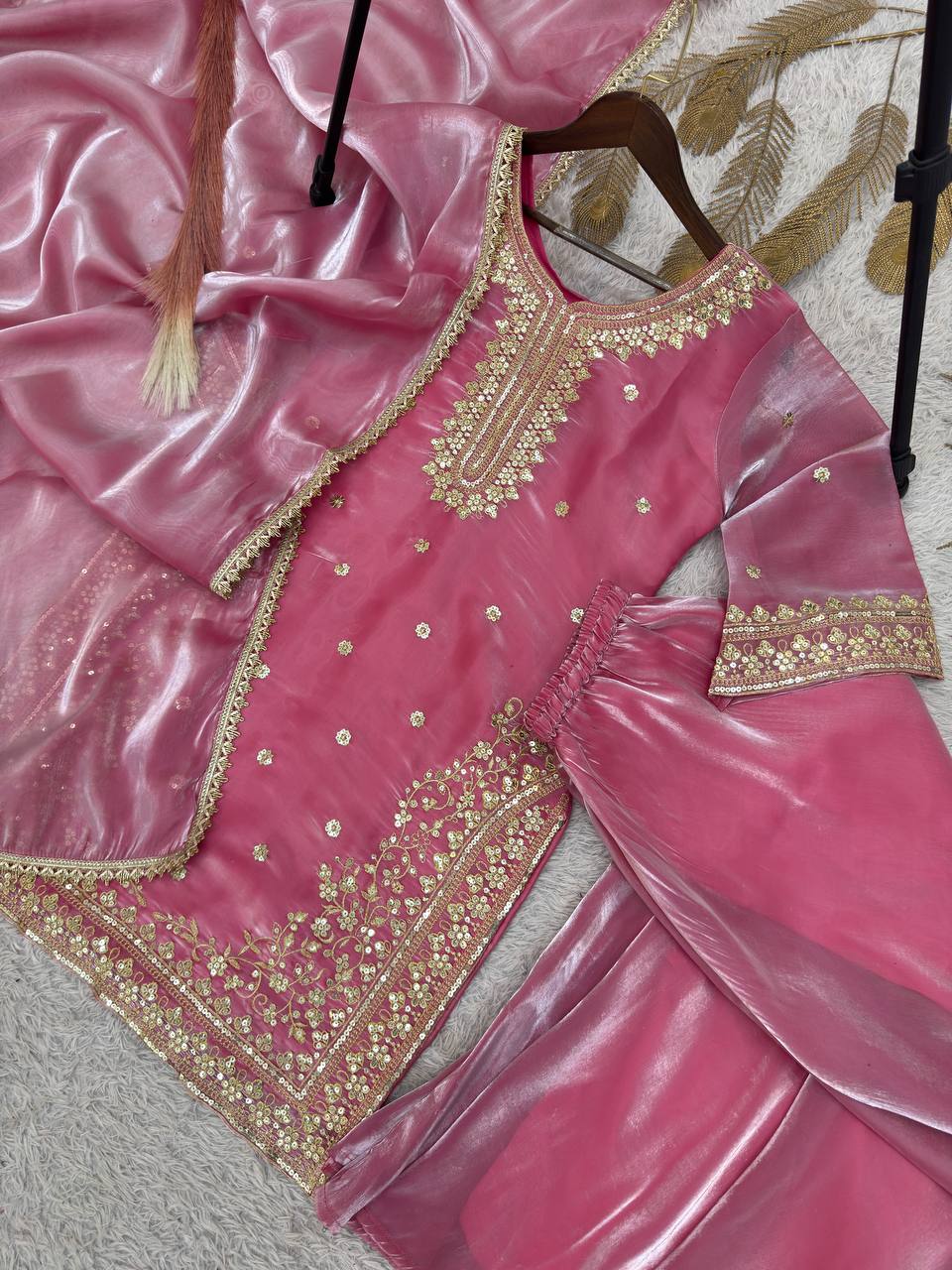 Stunning Pink Silk with Embroidery Work Palazzo Suit