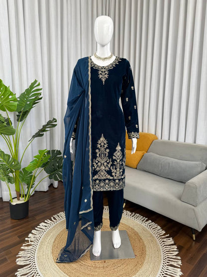 Lovely Blue Heavy Viscose Velvet Thread Work Suit