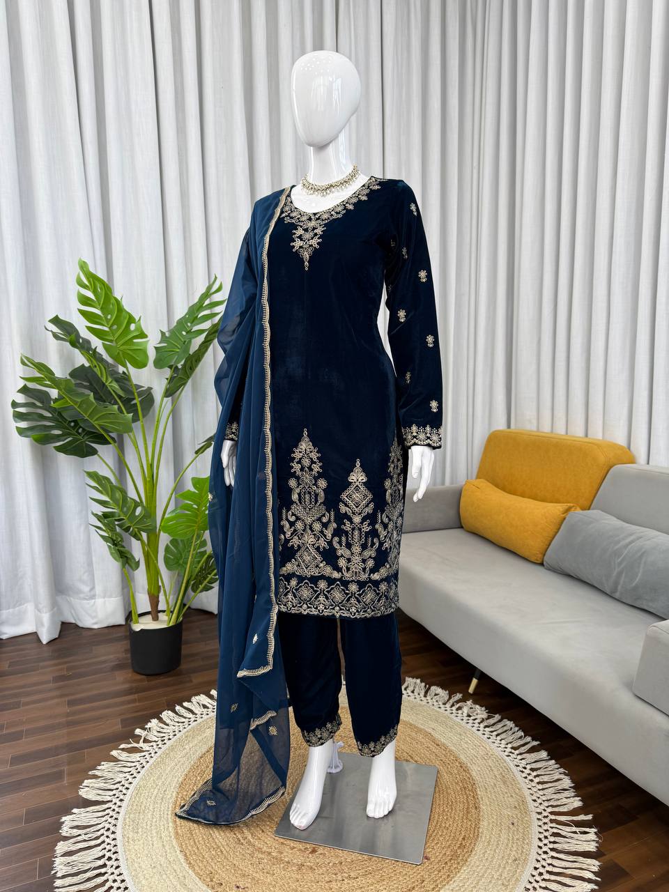 Lovely Blue Heavy Viscose Velvet Thread Work Suit