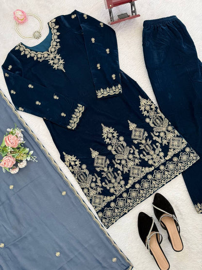 Lovely Blue Heavy Viscose Velvet Thread Work Suit