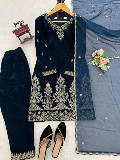 Lovely Blue Heavy Viscose Velvet Thread Work Suit