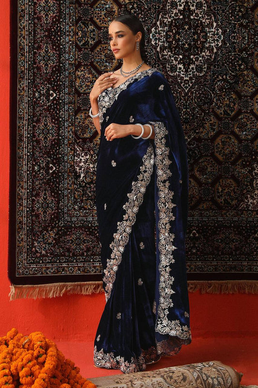 Stunning Navy Viscose Velvet Thread Work Saree
