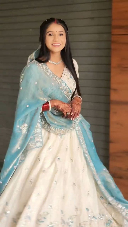 Stunning Blue Chinon Embroidery Work Lehenga