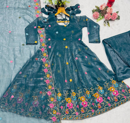 Gorgeous Rama Silk Multi Embroidery Work Gown