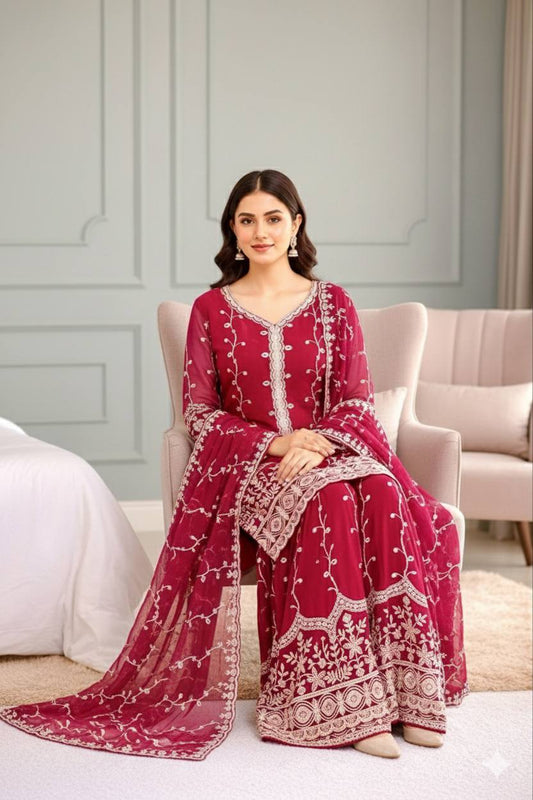 Exclusive Red Embroidery Work Sharara Suit