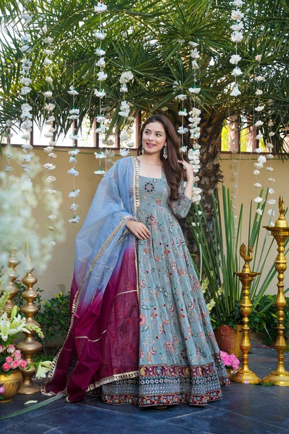 Elegant Blue Organza Silk with Digital Print Anarkali Gown