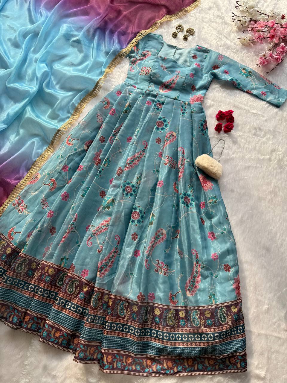 Elegant Blue Organza Silk with Digital Print Anarkali Gown