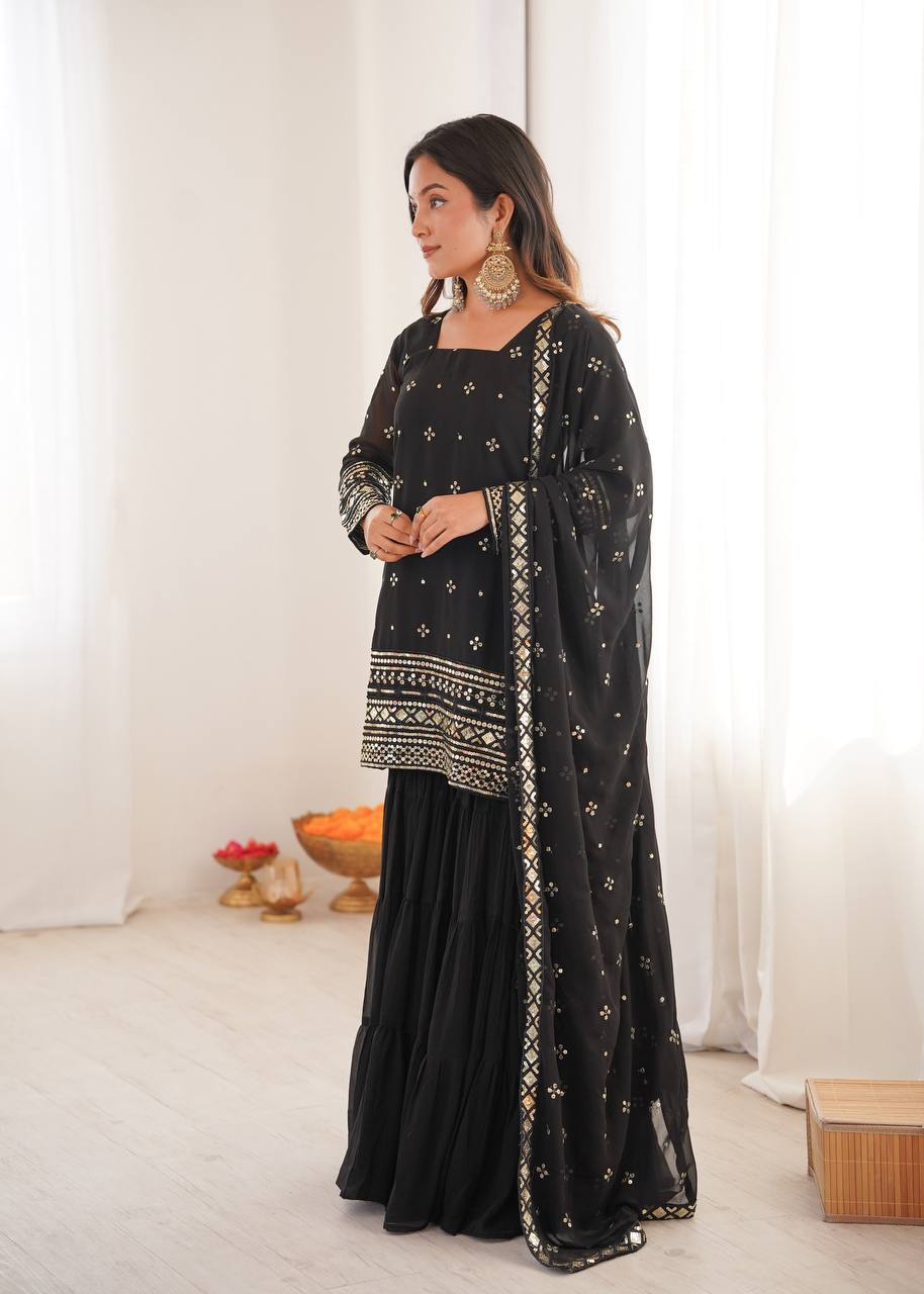 Gorgeous Black Embroidery Sequence Work Sharara Suit