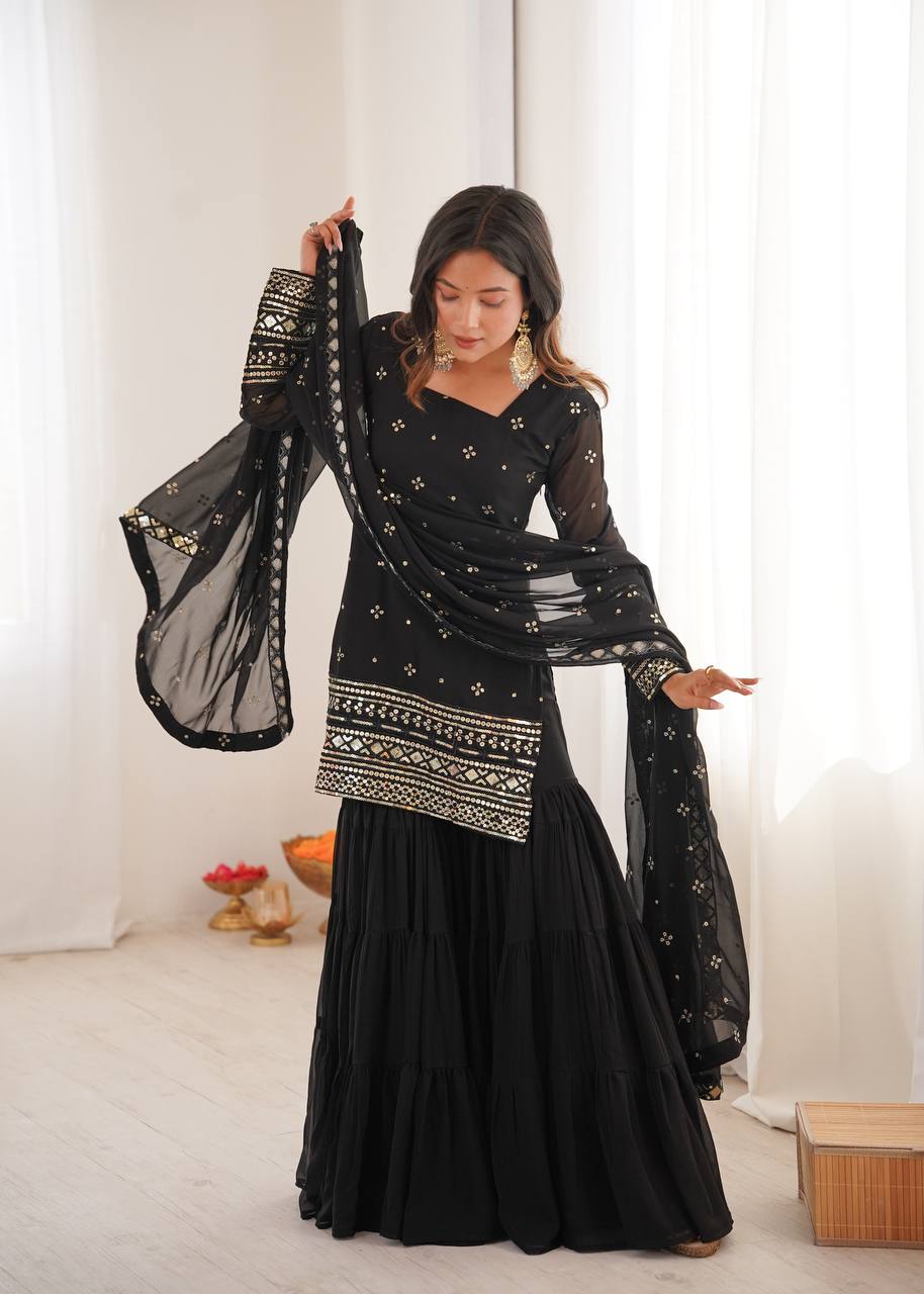 Gorgeous Black Embroidery Sequence Work Sharara Suit