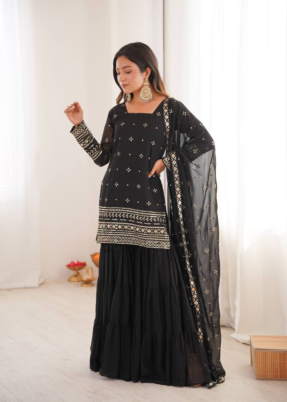 Gorgeous Black Embroidery Sequence Work Sharara Suit