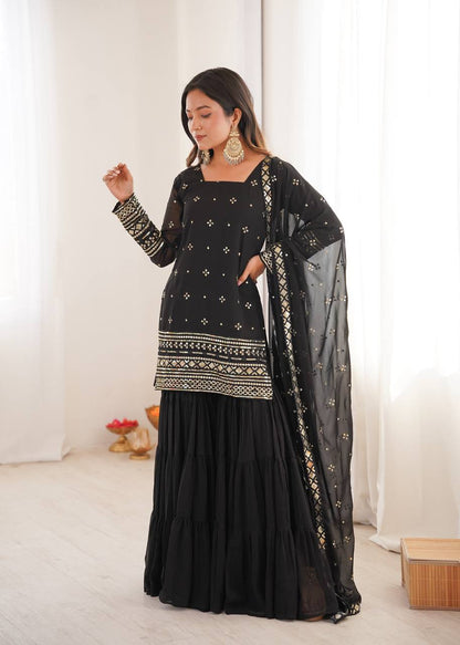 Gorgeous Black Embroidery Sequence Work Sharara Suit