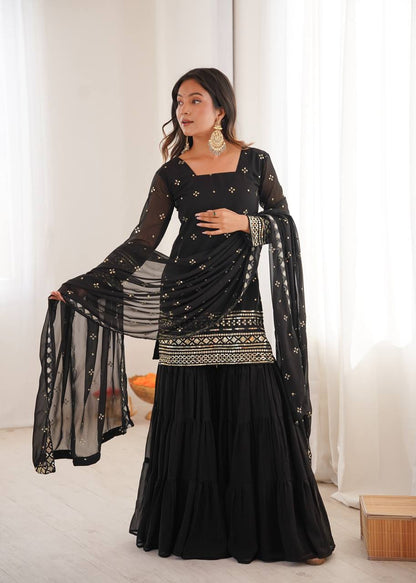 Gorgeous Black Embroidery Sequence Work Sharara Suit