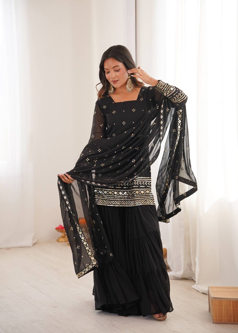 Gorgeous Black Embroidery Sequence Work Sharara Suit