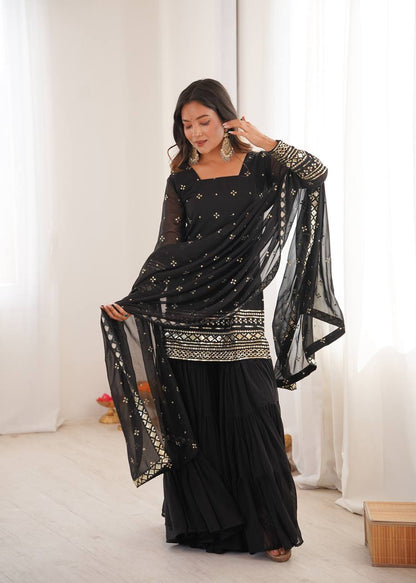 Gorgeous Black Embroidery Sequence Work Sharara Suit