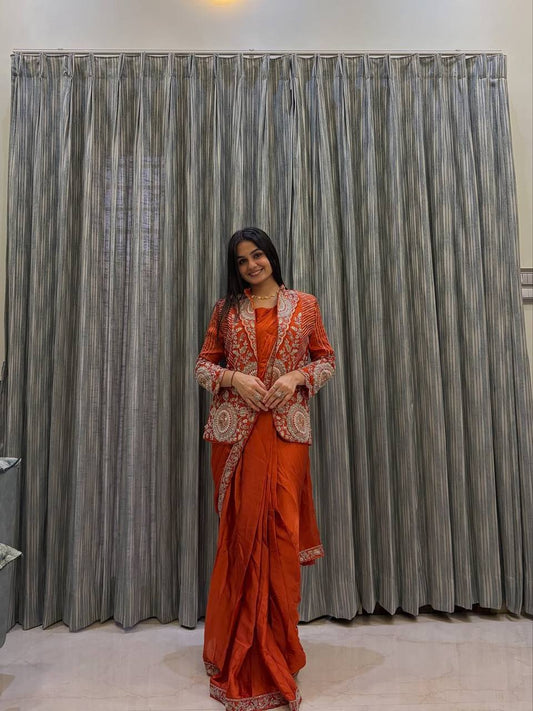 Ready to wear Orange Heavy Rangoli Silk Embroidery Saree