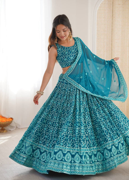 Stylish Rama Color Embroidered Lehenga Choli