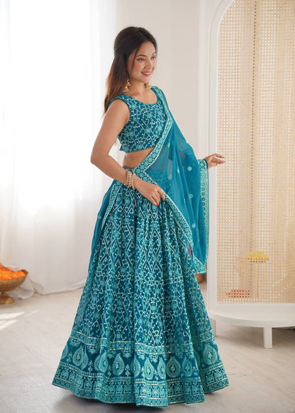 Stylish Rama Color Embroidered Lehenga Choli