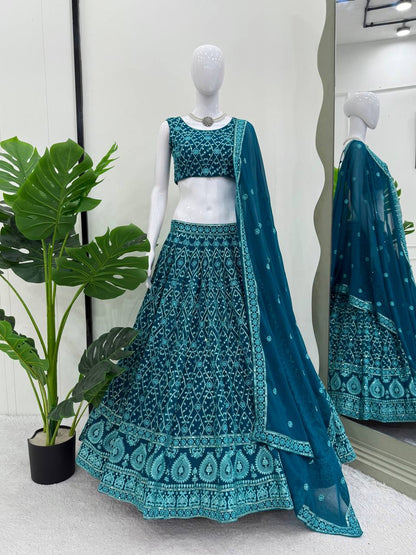 Stylish Rama Color Embroidered Lehenga Choli