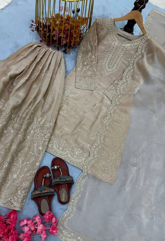 Exclusive Beige Jimmy Silk Embroidered Palazzo Suit