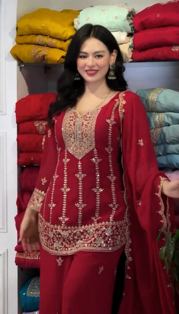 Charming Heavy Embroidery Palazzo Suit