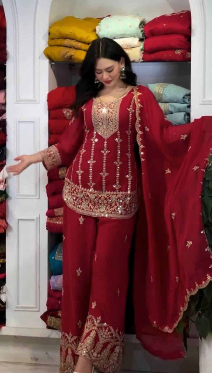 Charming Heavy Embroidery Palazzo Suit