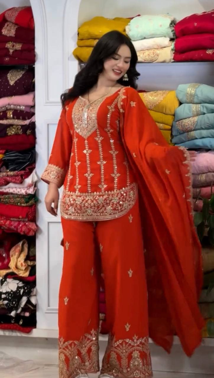 Charming Heavy Embroidery Palazzo Suit