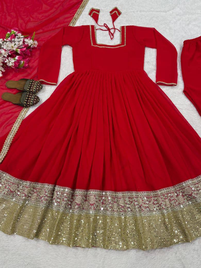 Graceful Red Heavy Faux Blooming Work Anarkali Suit