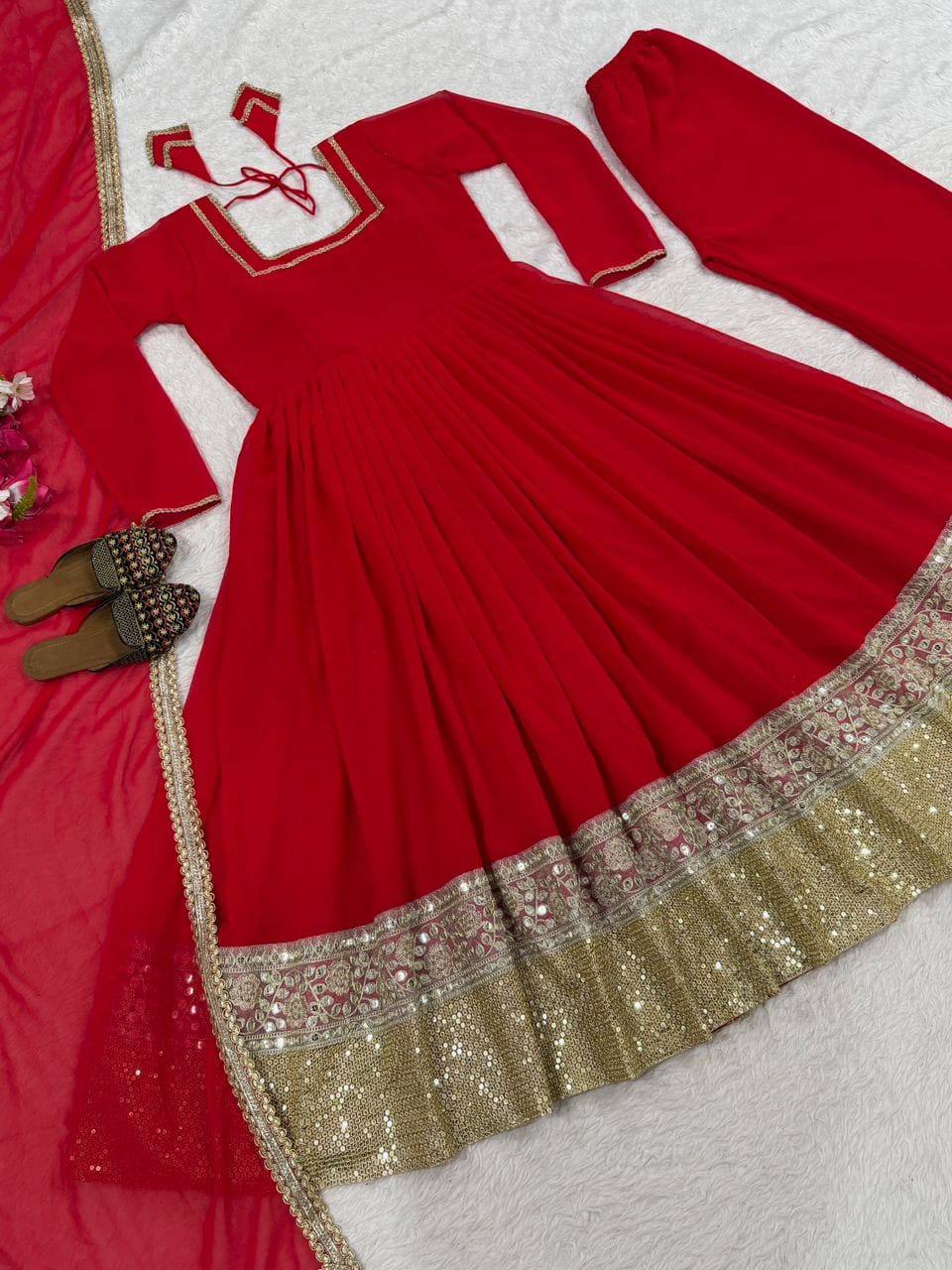 Graceful Red Heavy Faux Blooming Work Anarkali Suit