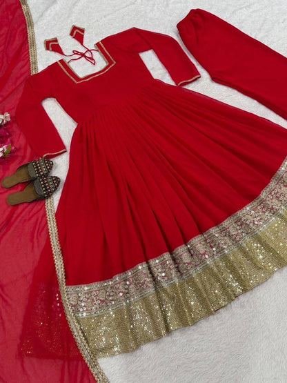 Graceful Red Heavy Faux Blooming Work Anarkali Suit