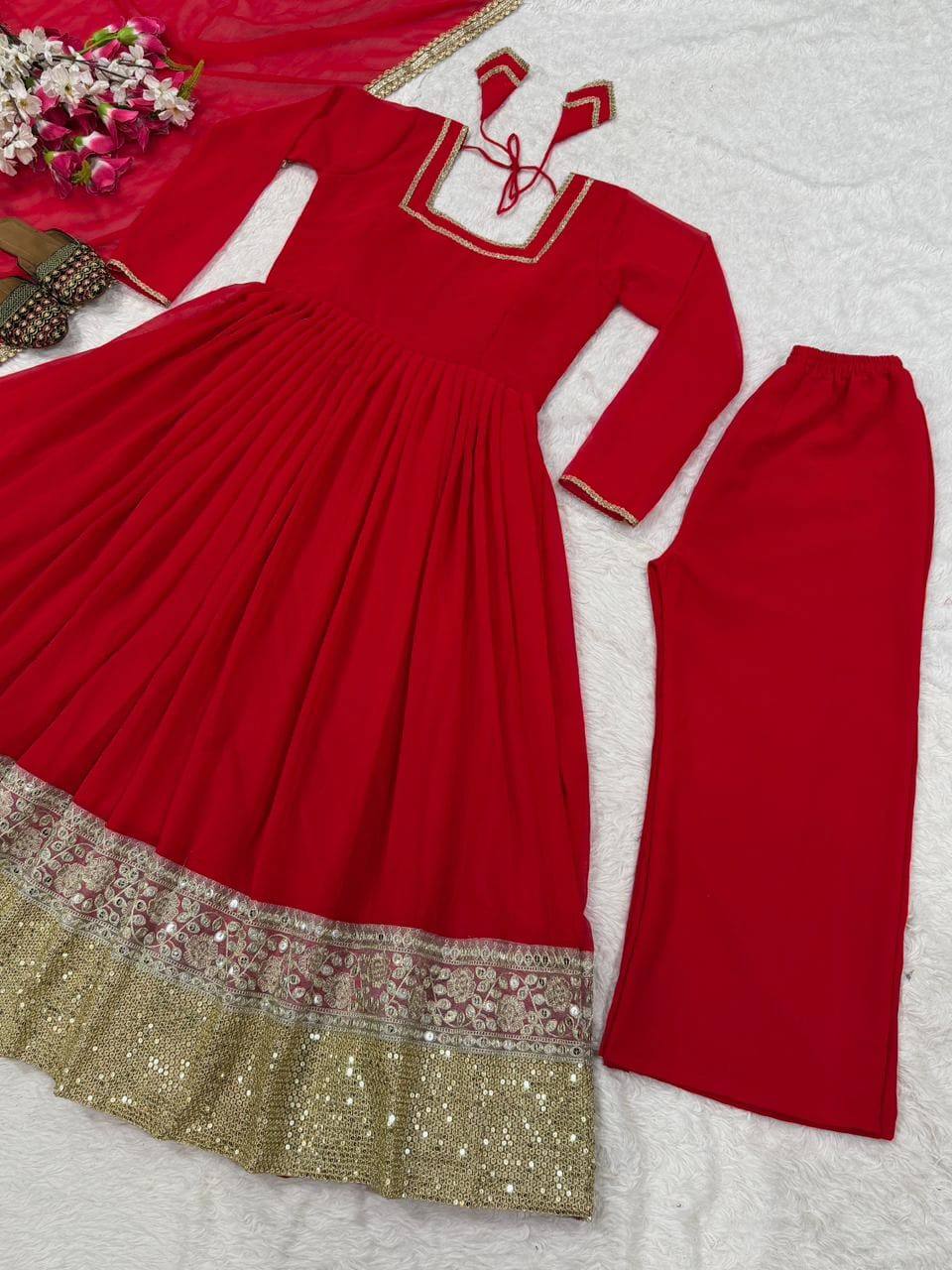 Graceful Red Heavy Faux Blooming Work Anarkali Suit