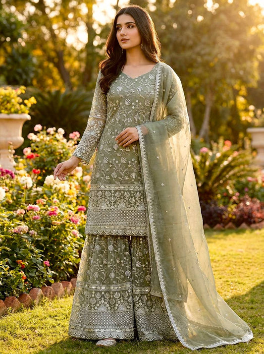 Elegant Green Silk Embroidered Sharara Suit